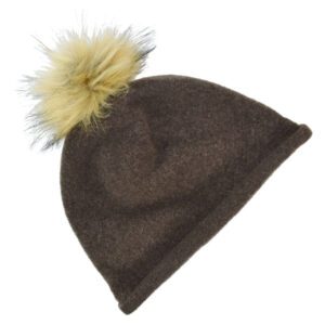 Brown knit beanie with a fluffy pom-pom on top.