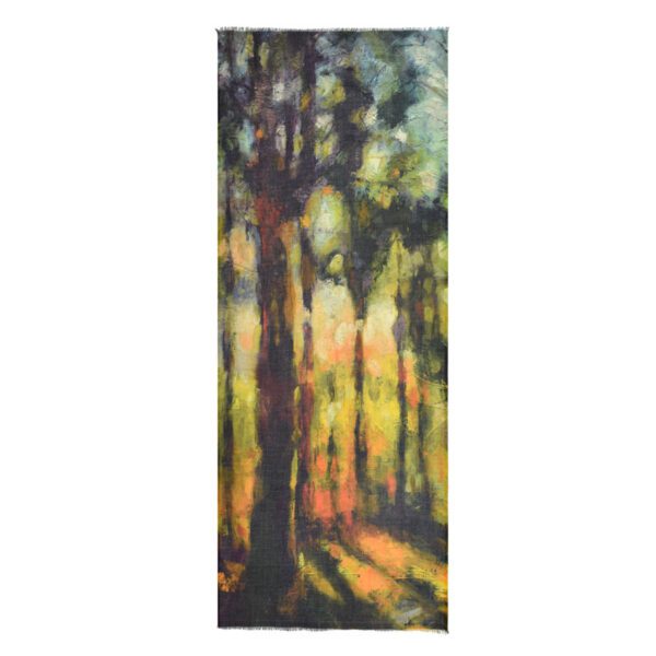 Here's an alt tag for the image: `Impressionist painting of sunlit forest`