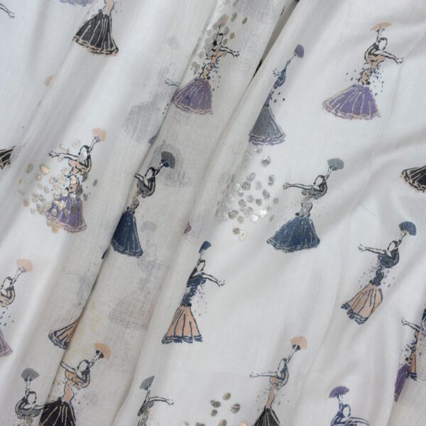 White fabric with dancing figures and dots.