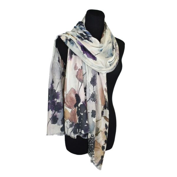 Floral watercolor print shawl on mannequin.