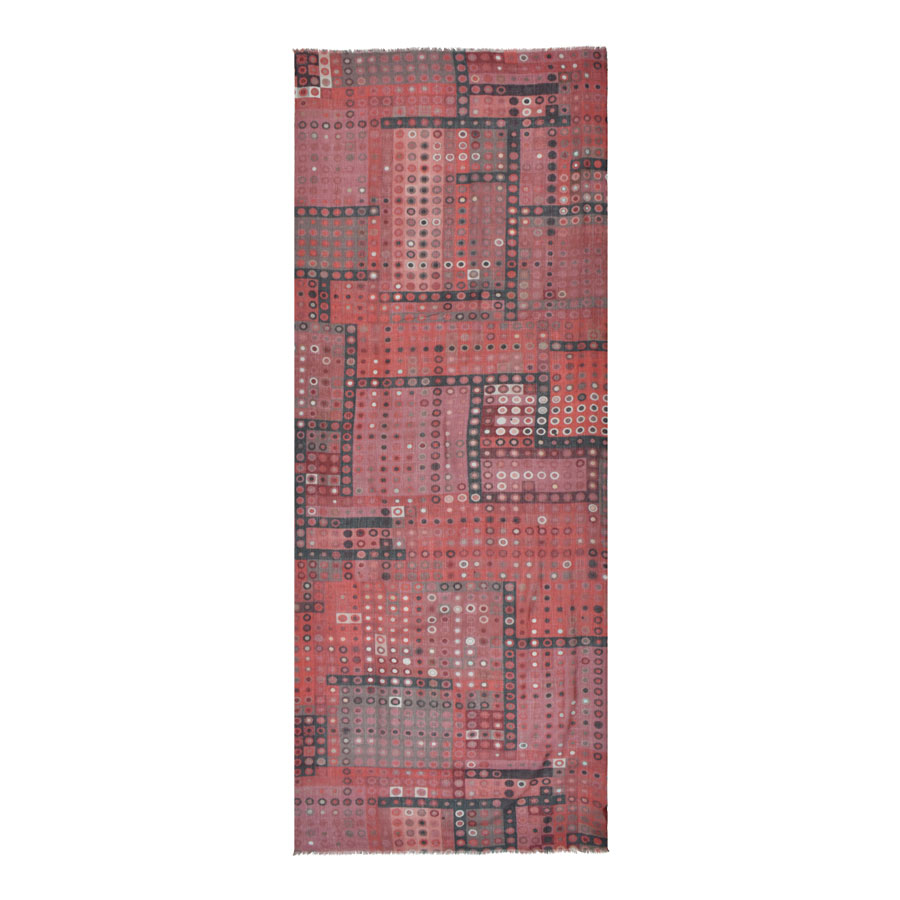 Red geometric patterned scarf.
