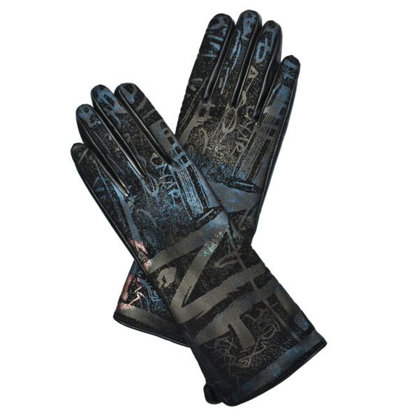 Pair of black leather gloves with print.