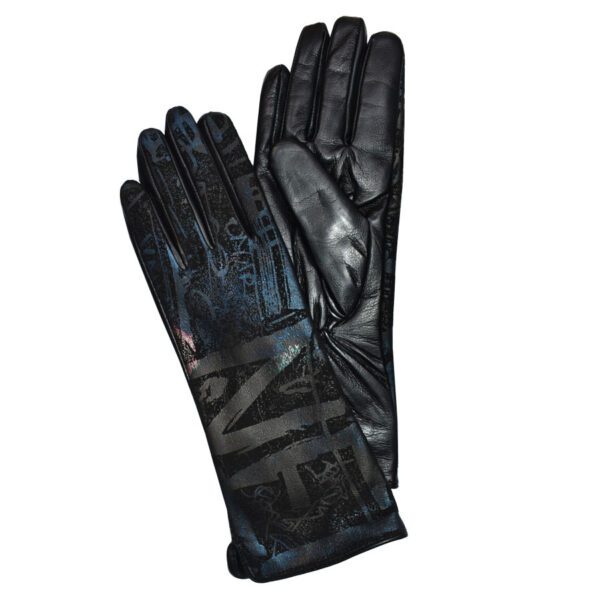 Pair of black leather gloves with print.