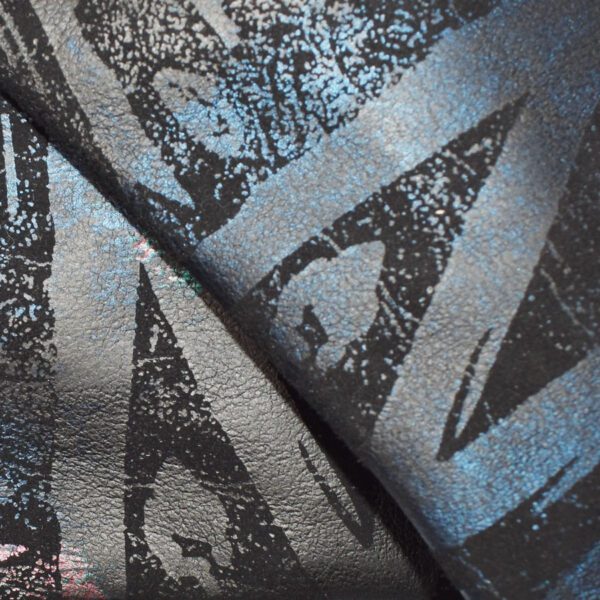 Black leather with blue graphic print.