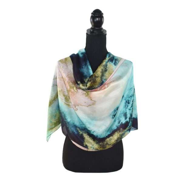 Abstract teal and gold silk scarf.