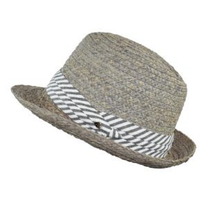 Straw fedora with striped band.