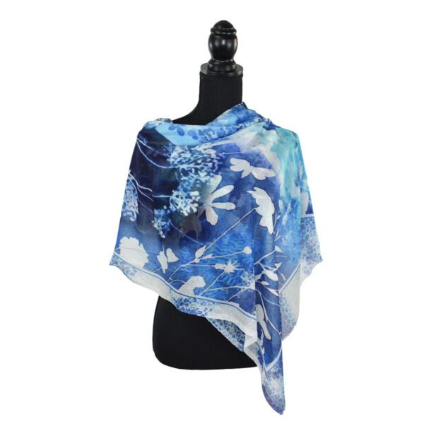 Blue floral print silk scarf shawl.