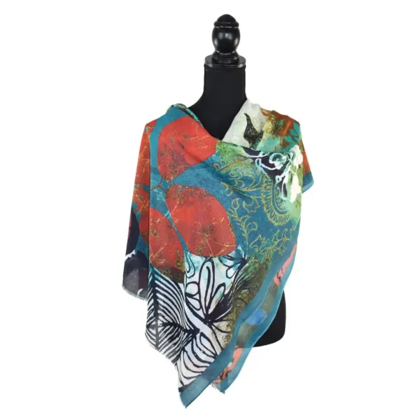 Abstract teal and red floral scarf.