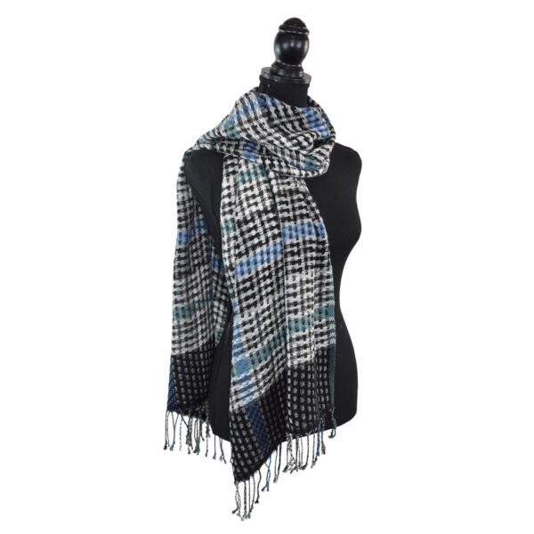 Black and white checked scarf with blue stripes.