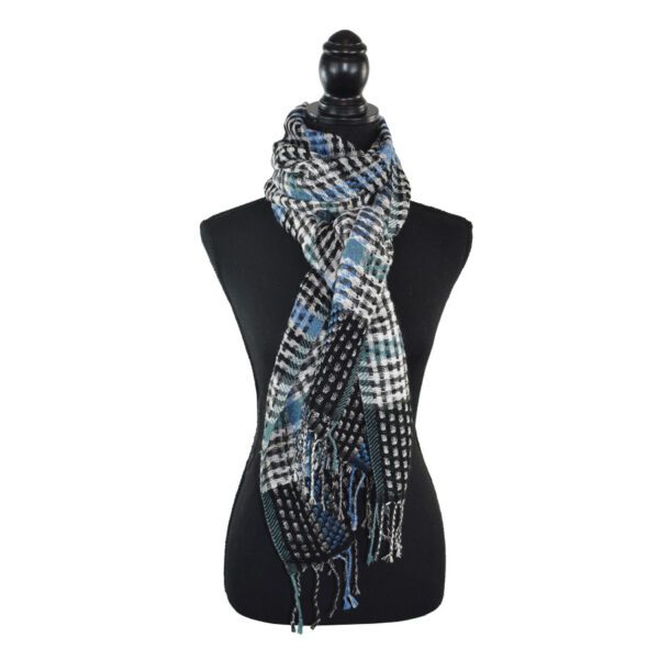 Blue and black plaid scarf on mannequin.