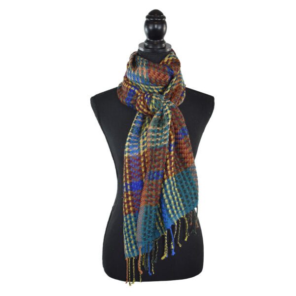 Multicolored plaid scarf on mannequin.