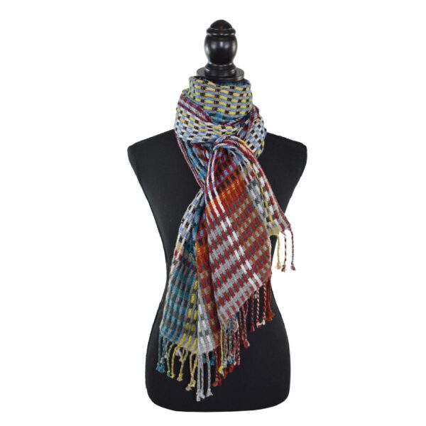 Colorful plaid woven scarf on mannequin.