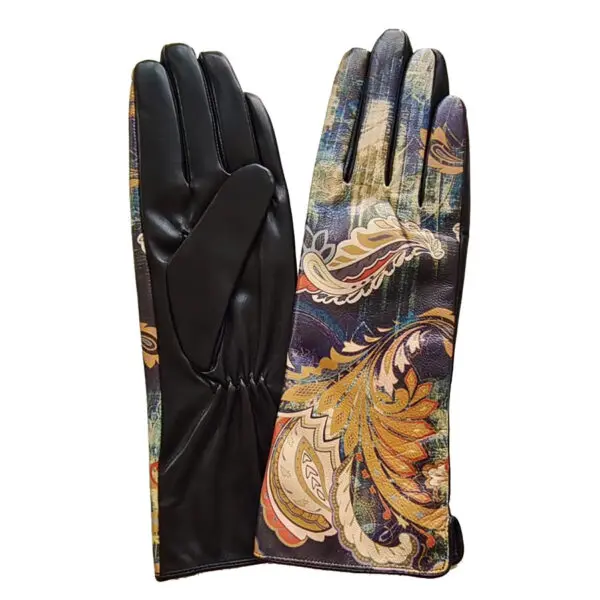 Pair of paisley-printed leather gloves.