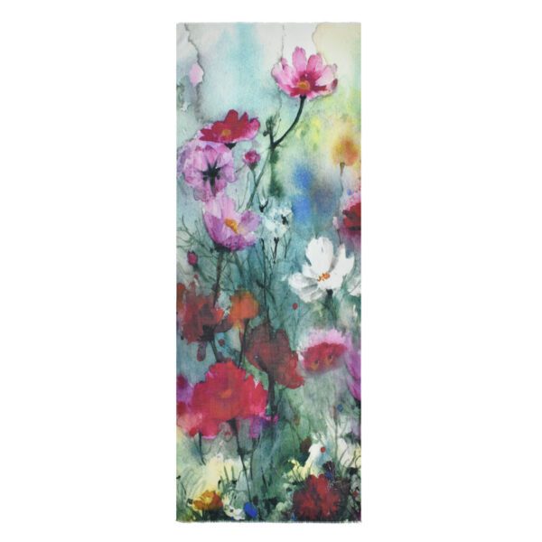 Watercolor painting of colorful cosmos flowers.