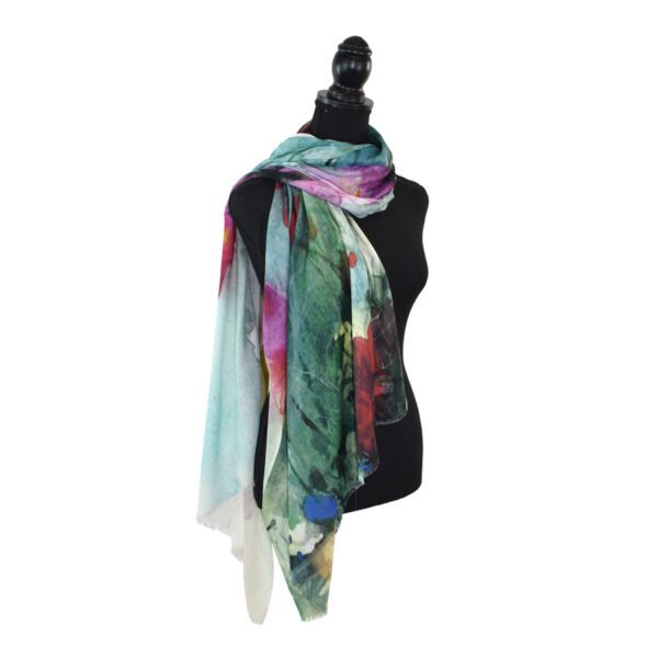 Abstract floral print scarf on mannequin.