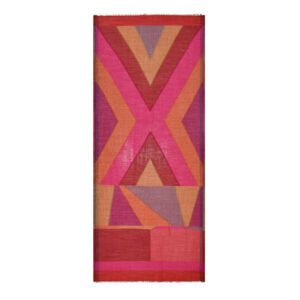 Geometric patterned pink and orange scarf.