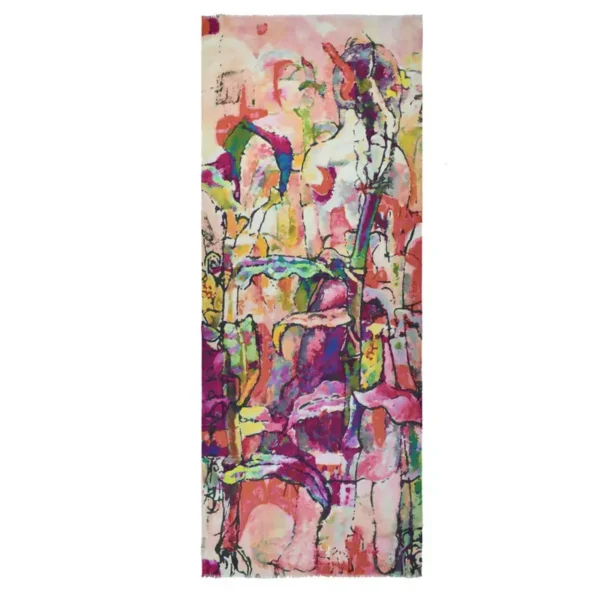 Abstract floral scarf, vibrant colors.