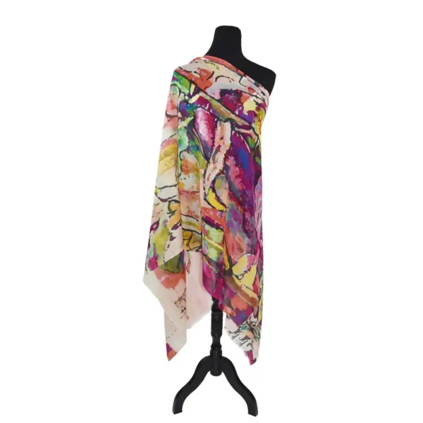 Abstract floral print shawl displayed.