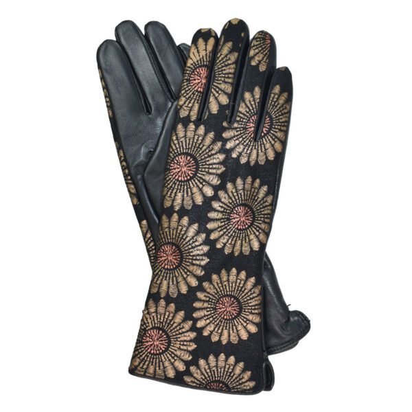 Black leather gloves with gold floral pattern.