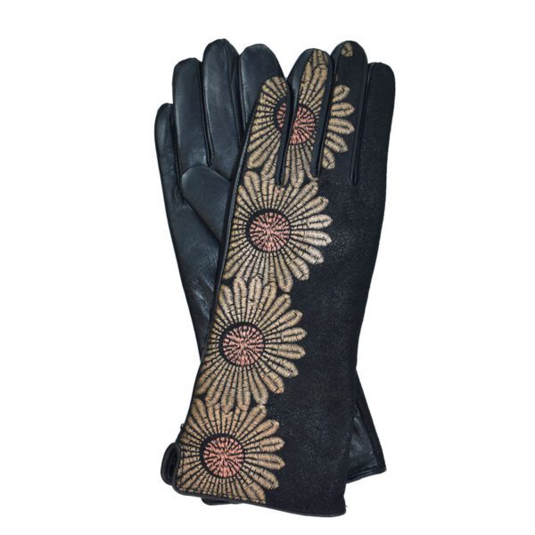 Black leather gloves with floral embroidery.