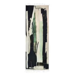 Abstract vertical artwork with black, white, and green brush strokes.