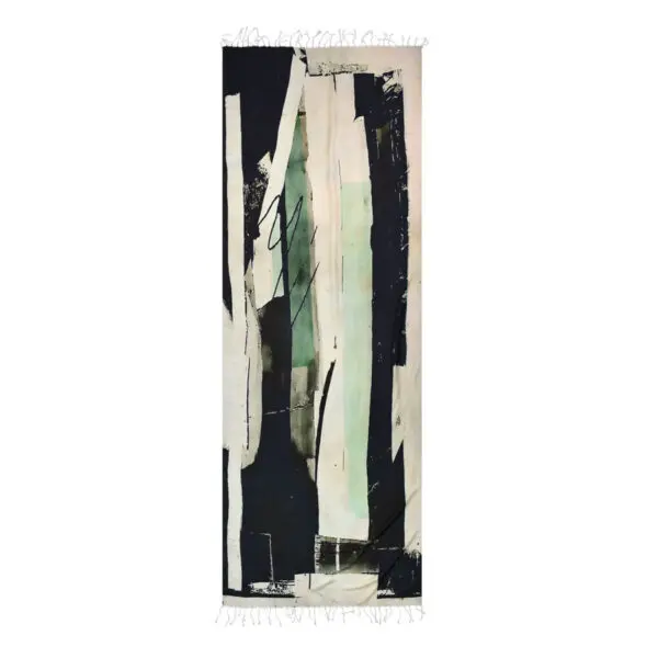 Abstract vertical artwork with black, white, and green brush strokes.