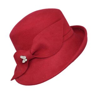 Elegant red felt hat with a decorative bow and pearl embellishments.